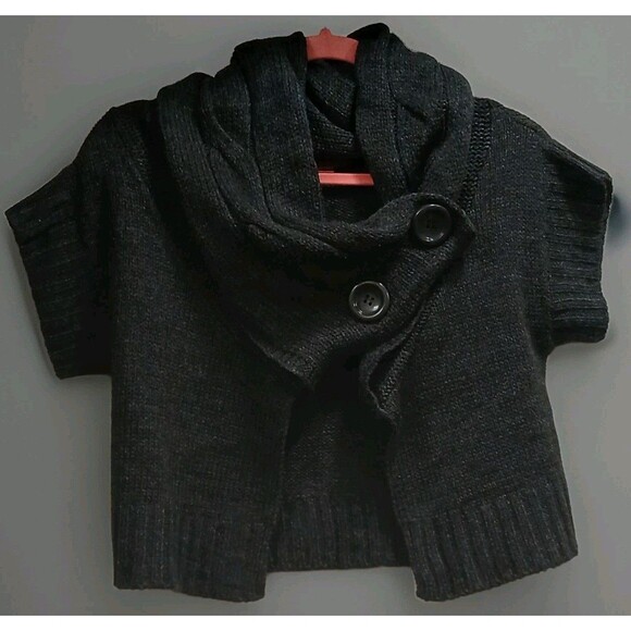 Y2K Grunge Derek Heart Cropped Knit Button Shawl Cardigan Sweater Gray L - Picture 1 of 7